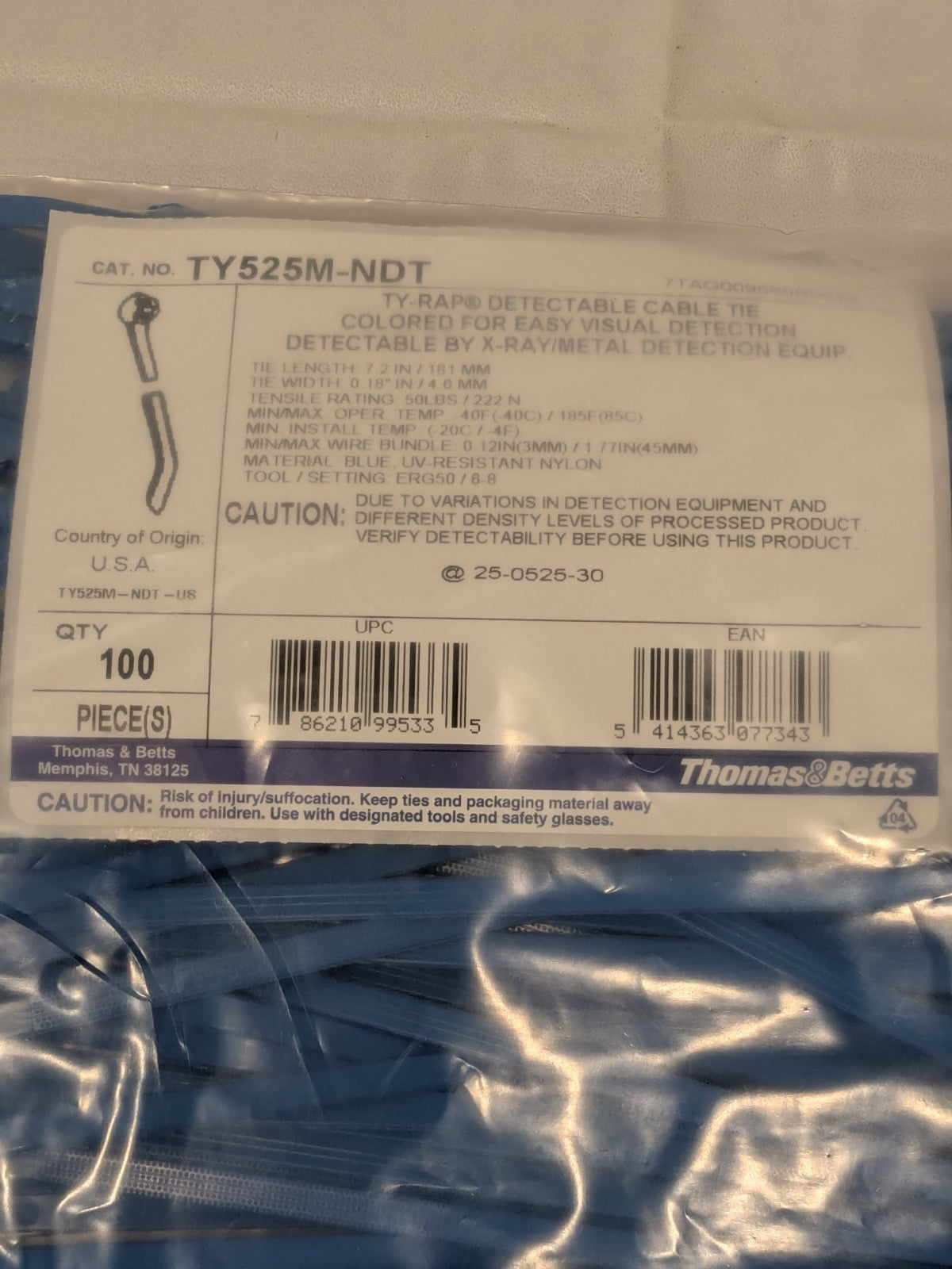 T&B Ty-Rap Detectable Cable Tie: Stainless Steel Barb, 7.2" L, 100 Pk TY525M-NDT