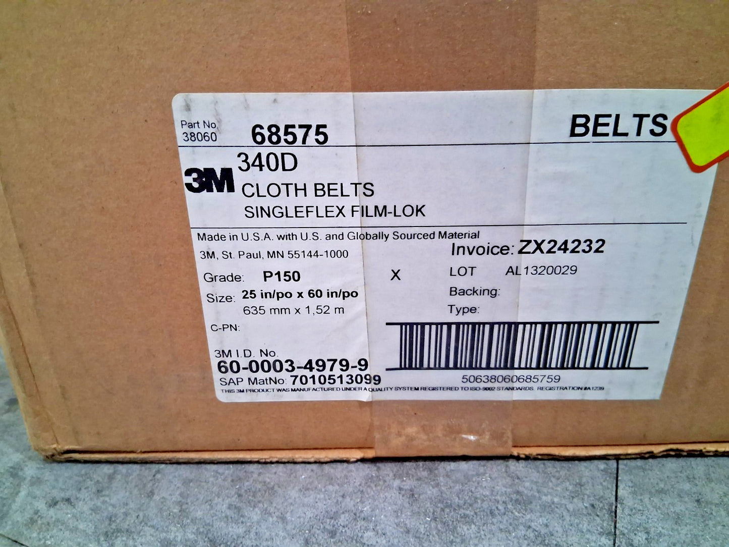 3M Aluminum Oxide Abrasive Belt 25" Wide 60" OAL 150 Grit 7010513099