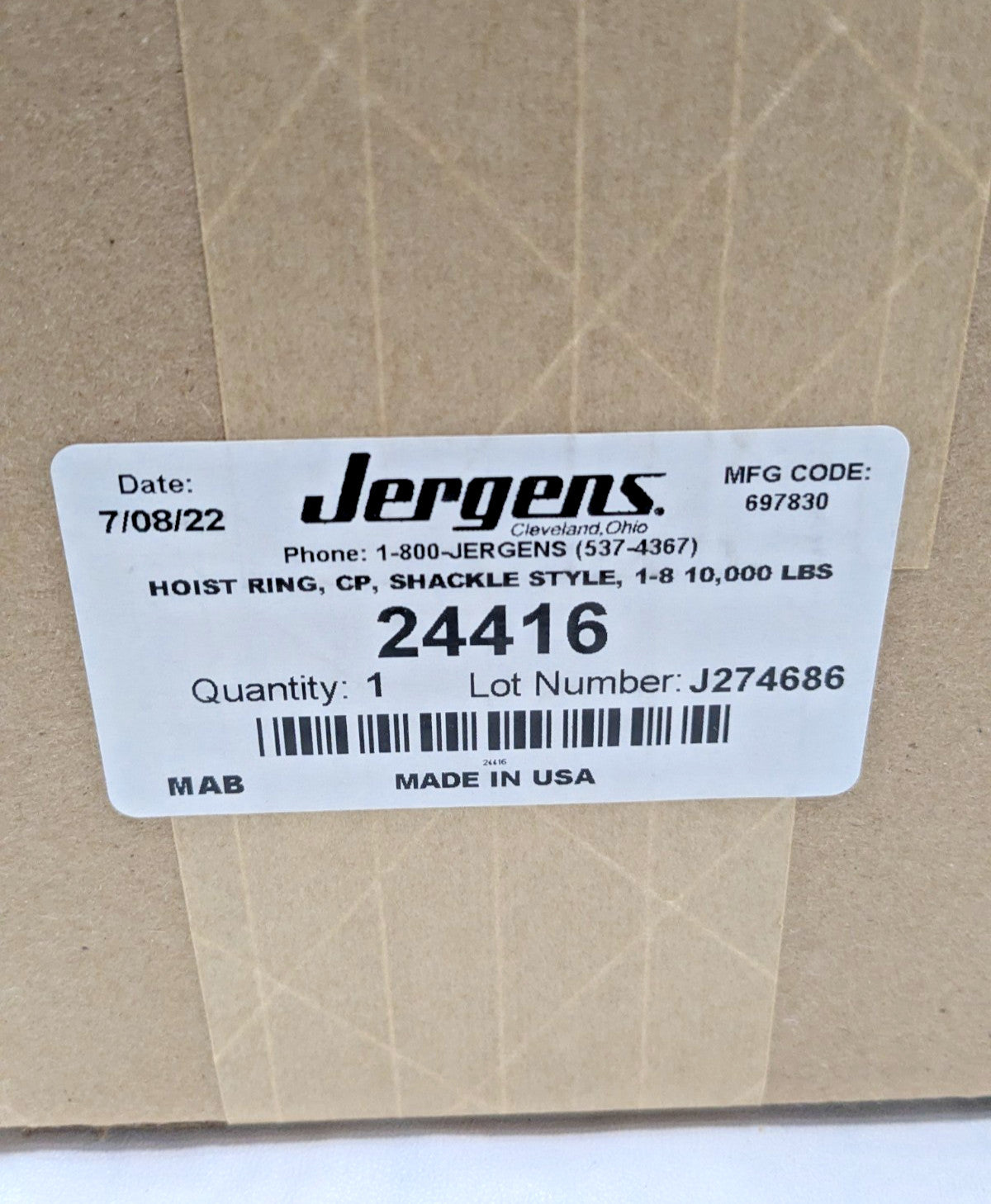 Jergens Shackle-Lok Hoist Ring 10000.000 Lb Capacity 1-8 Thread 24416
