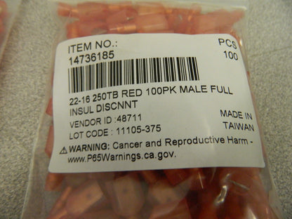 Wire Disconnects qty 200: Male, Red Nylon 22-16 AWG, 1/4″ Tab Width MDFNYD1-250