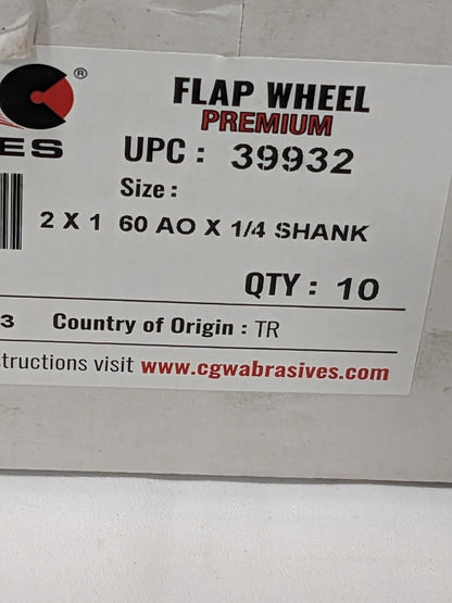 CGW Mounted Flap Wheel: 2" Dia, 1" Face Width, 60 Grit Qty 8 39932