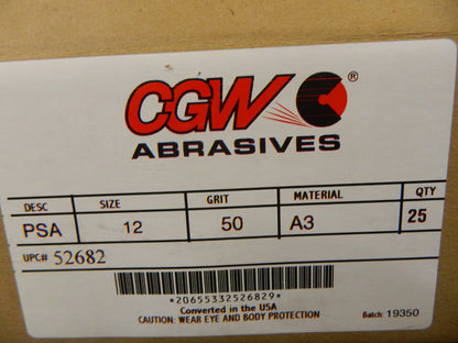 CGW ABRASIVES PSA Disc 25pk: 12 Disc Dia, 50 Grit, Aluminum Oxide 52682