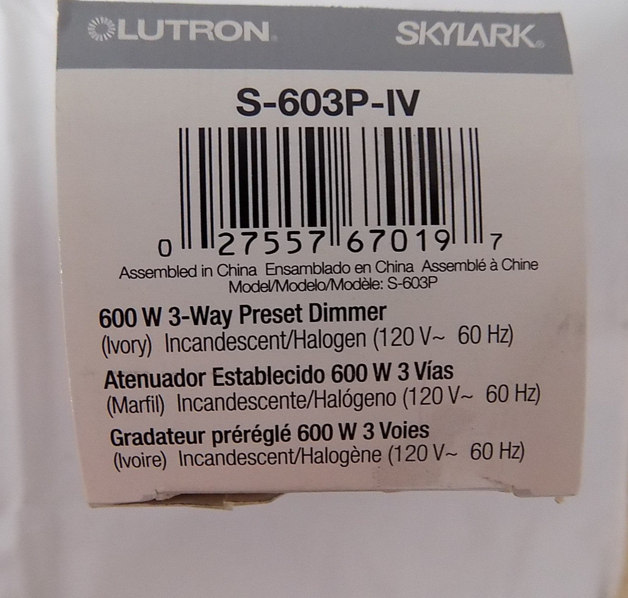 Lutron S-603P-IV Skylark 600W 3-Way Preset Slide Dimmer w/ Rocker Switch Ivory
