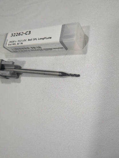HARVEY TOOL Ball End Mill 0.0620" Dia 3 Fl Solid Carbide 32262-C3