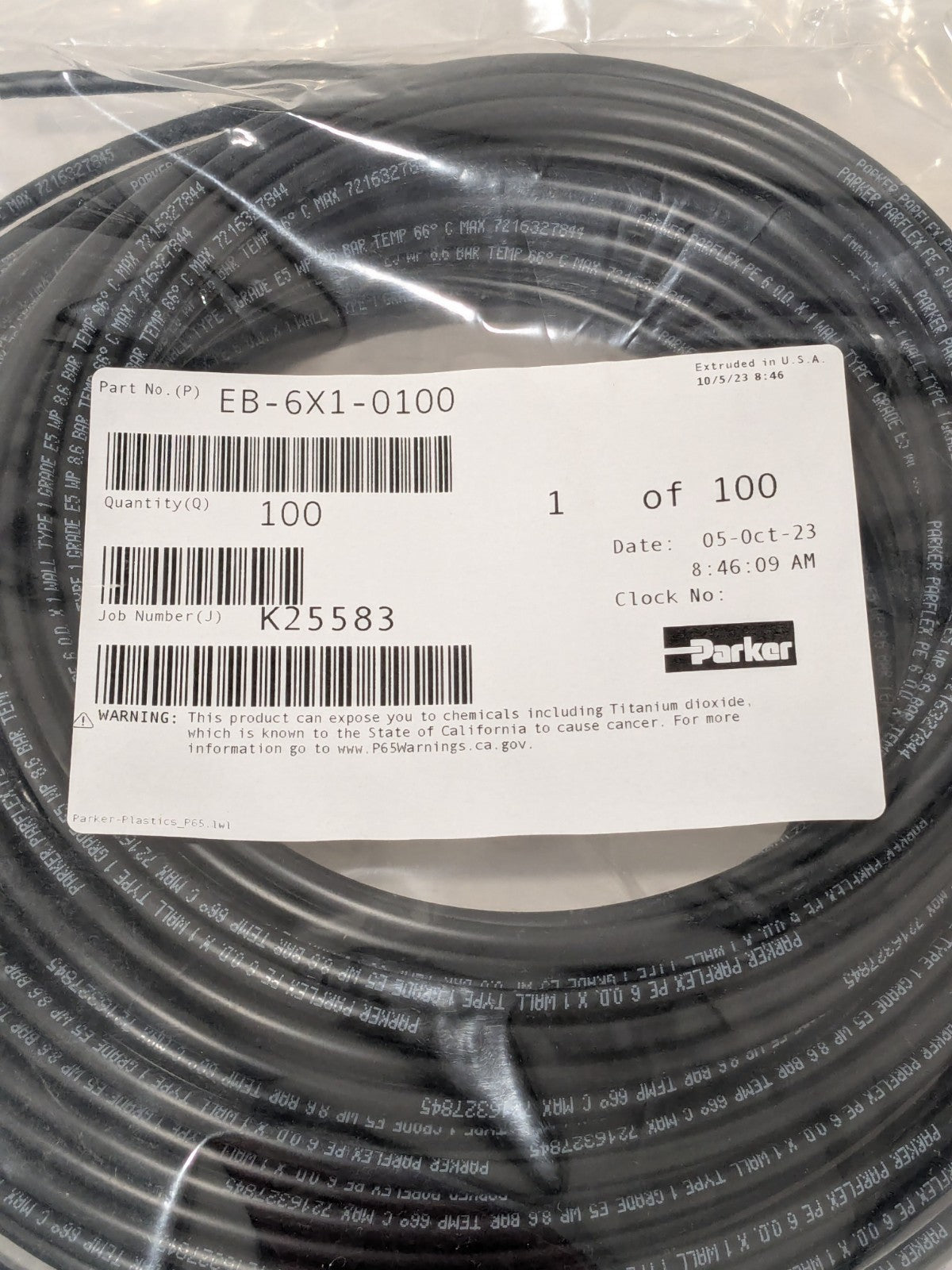 Parker Black Polyethylene Tube: 100' Long, 4mm I.D. EB-6X1-0100-DUP