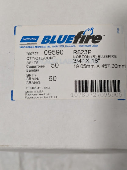 (50) Norton Abrasive Belt: 3/4" W, 18" OAL, 60G, Zirconia Alumina 78072709590
