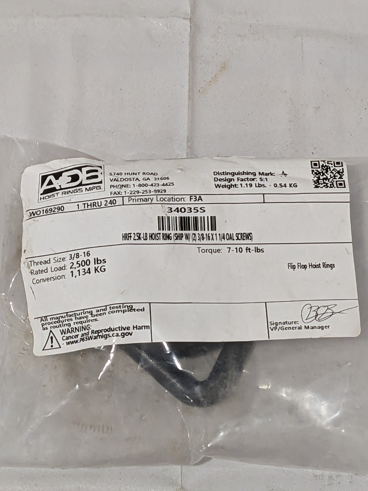 ADB HOIST RINGS Flip-Flop Hoist Ring: Screw-On, 2500 lb Capacity, 180° 34035S