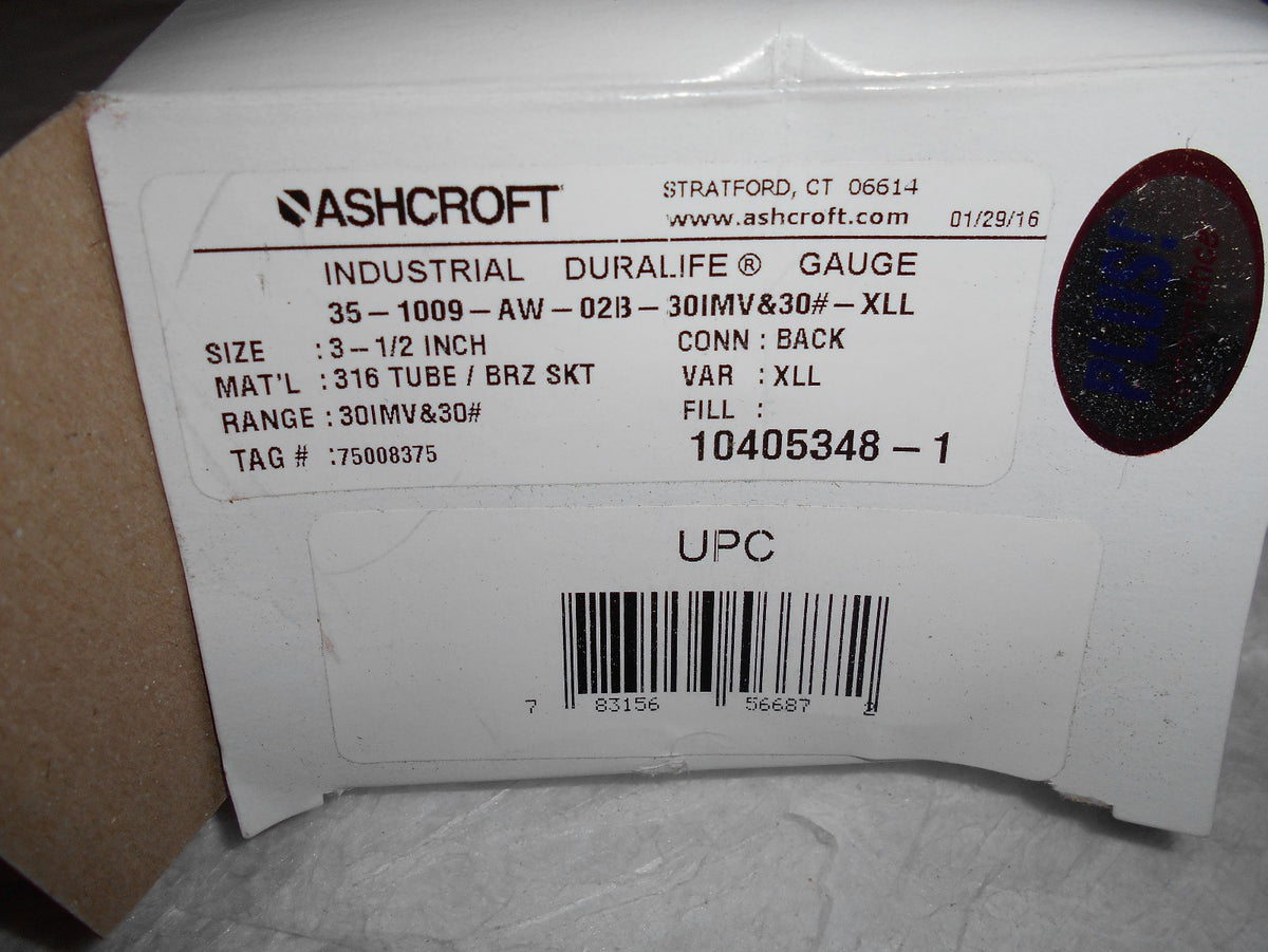 Ashcroft Pressure Gage 3-1/2" Dial 30-0-30 Back Mount 351009A2BLLV/30
