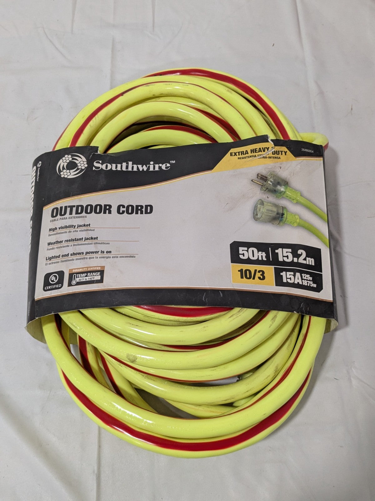 SOUTHWIRE Extension Cord: Outdoor Use, 50 ft Lg, 5-15P, 10/3, SJTW 26480054