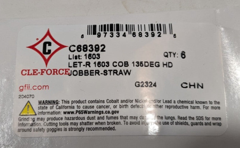 CLE-FORCE  Jobber Length Cobalt Drill Bit Letter R  135 deg  C68392  *QTY 6*