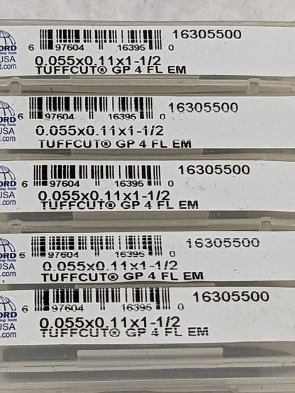 M.A. FORD Square End Mill: 0.0550" Dia, 0.11" LOC, 4 Flute Qty 5 16305