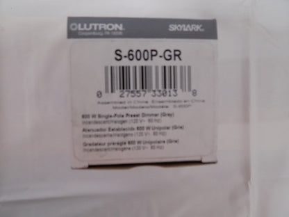 Lutron S-600P-GR Skylark 600W Single Pole Preset Dimmer w/Rocker Switch Gray