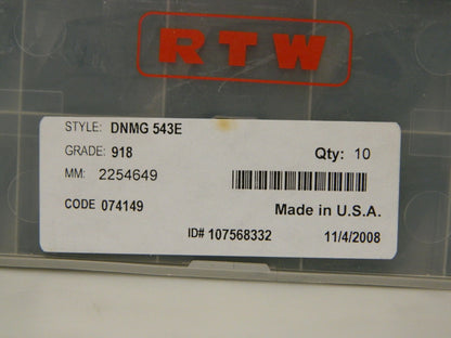 RTW Carbide Inserts DNMG543E Grade 918  Qty 10 2254649