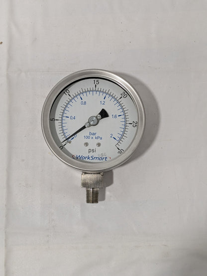 Pressure Gauge: 4" Dial, 30 psi, 1/4" Thread, NPT, Lower Mount WS-PE-G