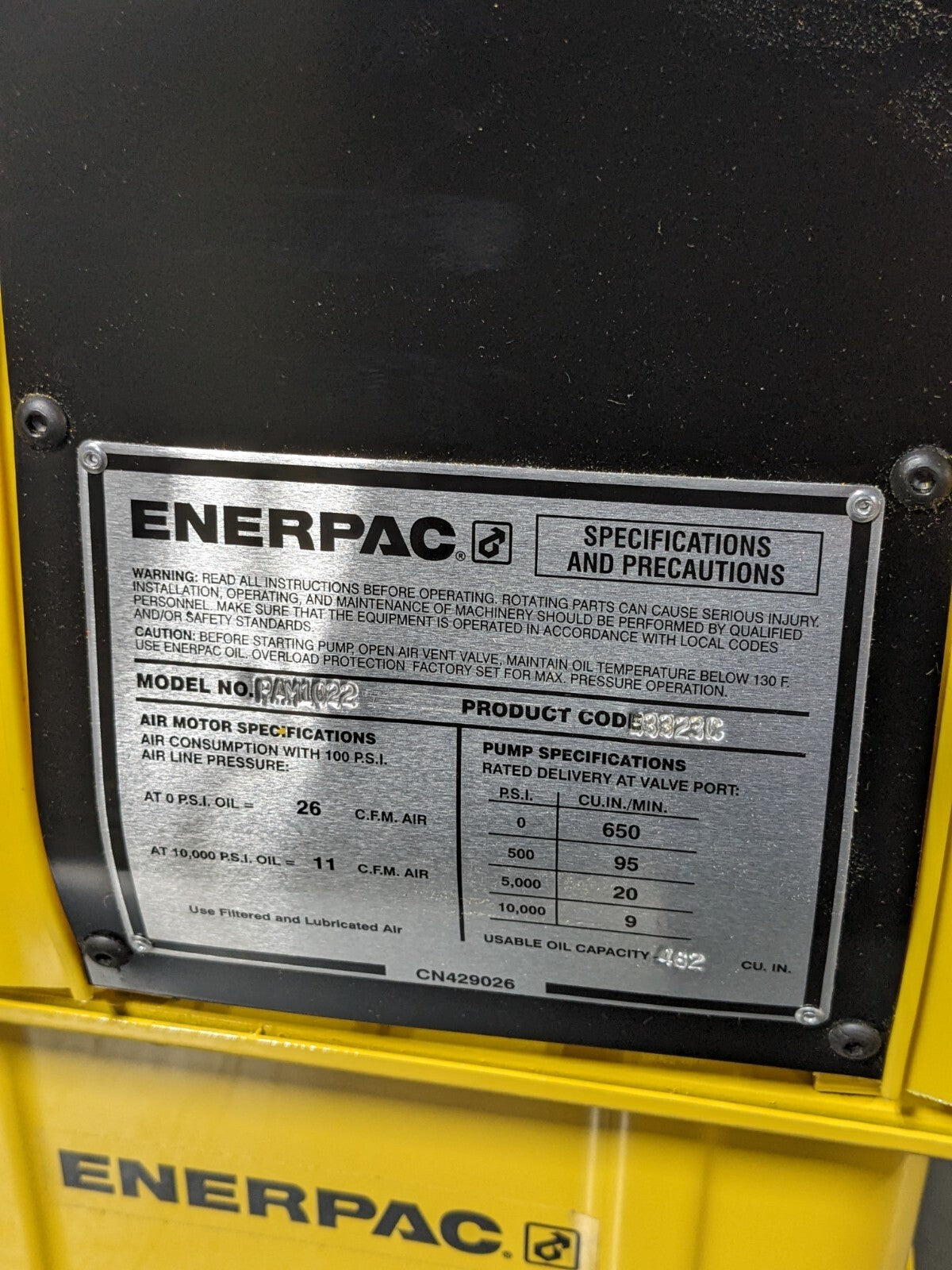 Enerpac Air Hydraulic Pump for use w/ Single Acting Cylinders PAM1022 Damaged