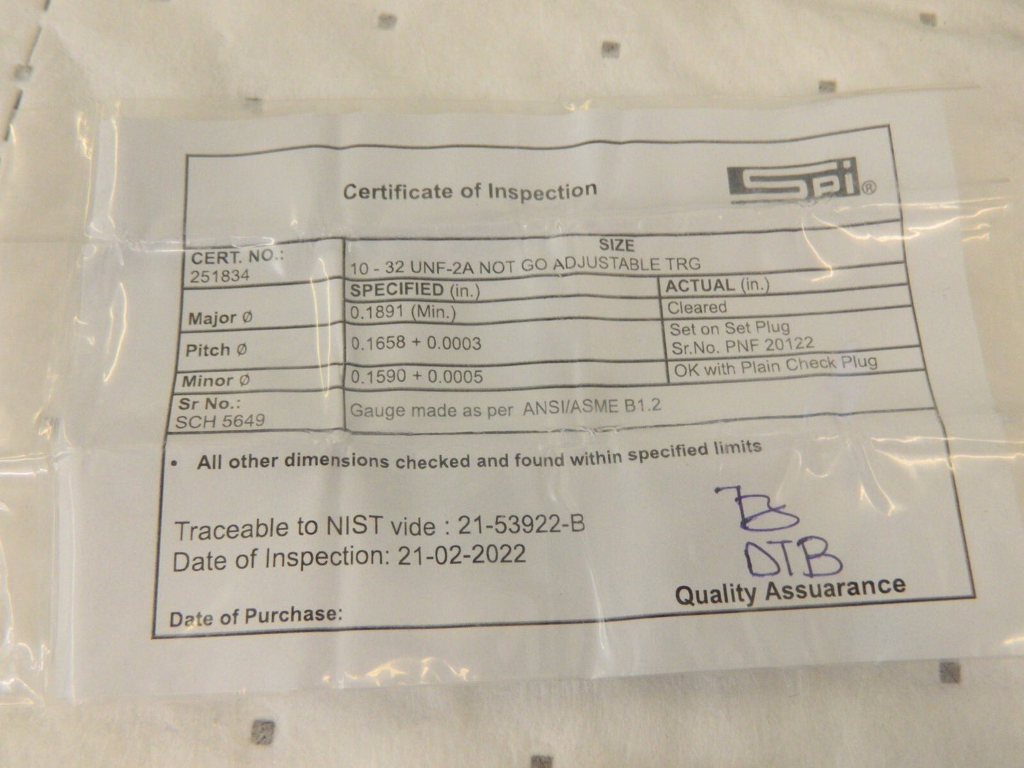 SPI Threaded Ring Gage: #10-32 Thread, Class 2A, No Go 23-145-6