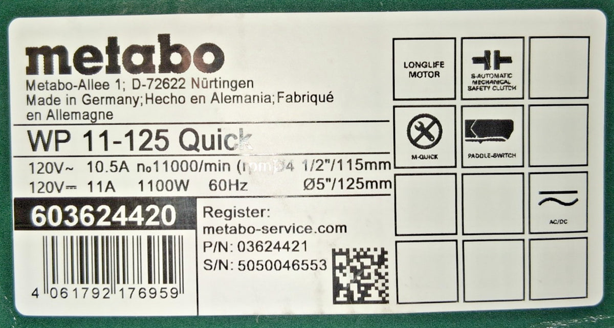 METABO Corded Angle Grinder WP 11-125 603624420