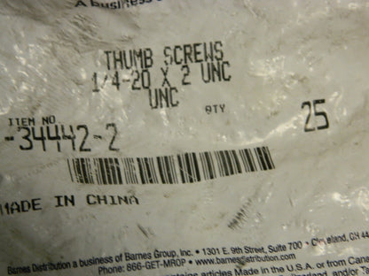 Barnes 1/4-20 Grade 2 Steel Thumb Screw 2" OAL Qty 800 -34442-2