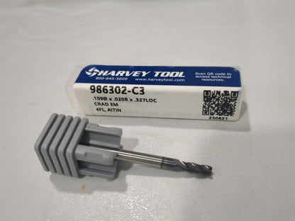 HARVEY TOOL Corner Radius End Mill 0.1090" Dia 4 Fl Solid Carbide 986302-C3