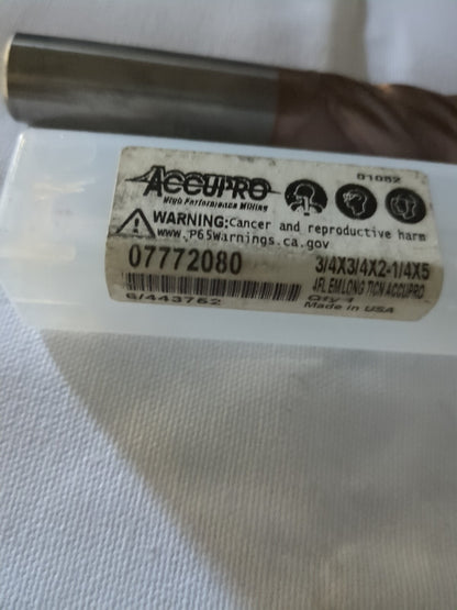 ACCUPRO Square End Mill: 3/4" Dia, 2-1/4" LOC, 4 Fl carbide 12183141