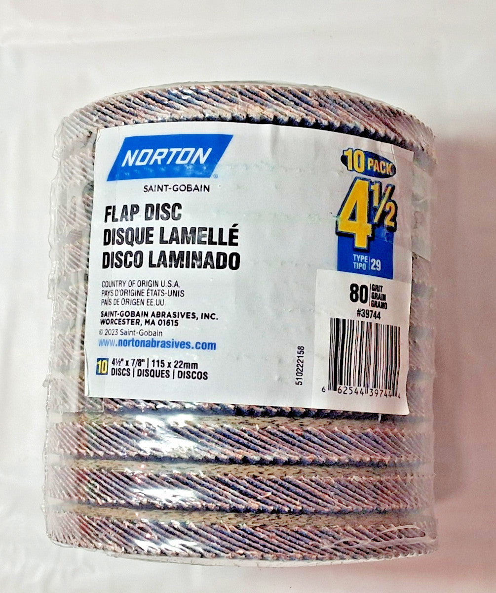 Norton Abrasive Zirconia Flap Discs 4-1/2" x 7/8" Type 29 80 Grit QTY10 39744