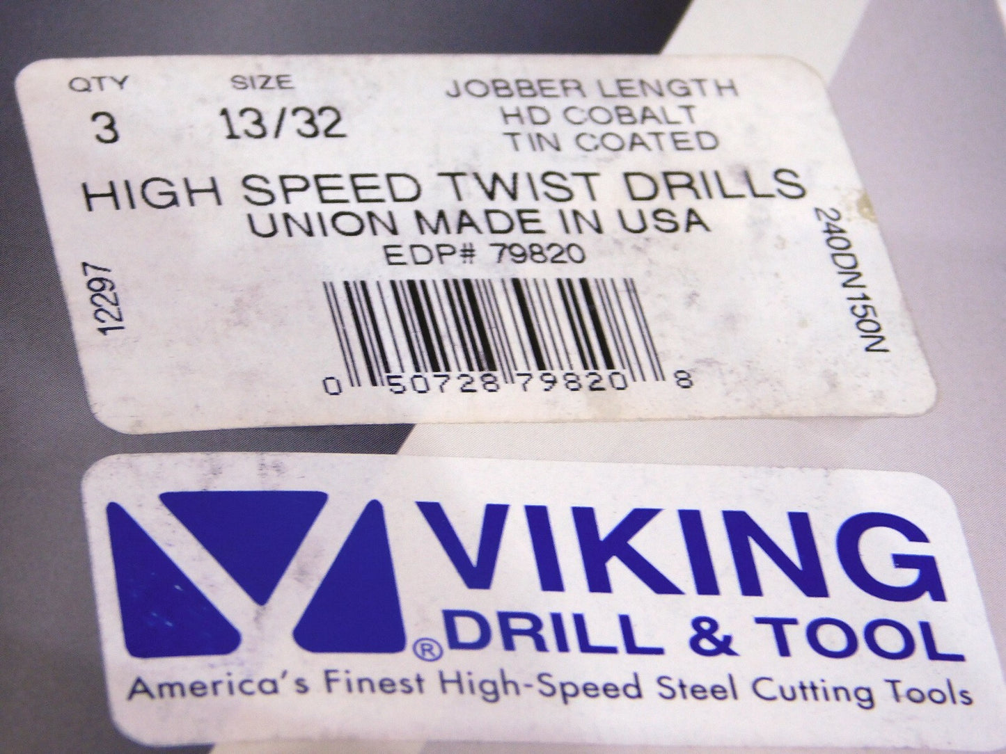Viking Drill Cobalt TiN Jobber Lgth Drill 13/32 Dia 3-7/8 Fl Lgth Qty-3 79820