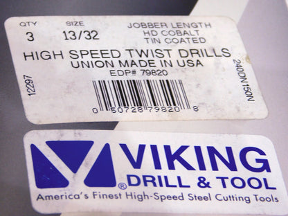 Viking Drill Cobalt TiN Jobber Lgth Drill 13/32 Dia 3-7/8 Fl Lgth Qty-3 79820