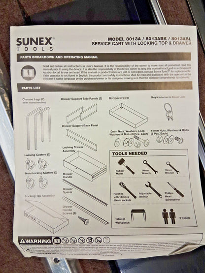 Sunnex Tools Steel Service Utility Cart 30" Long 16" Wide 8013ABK
