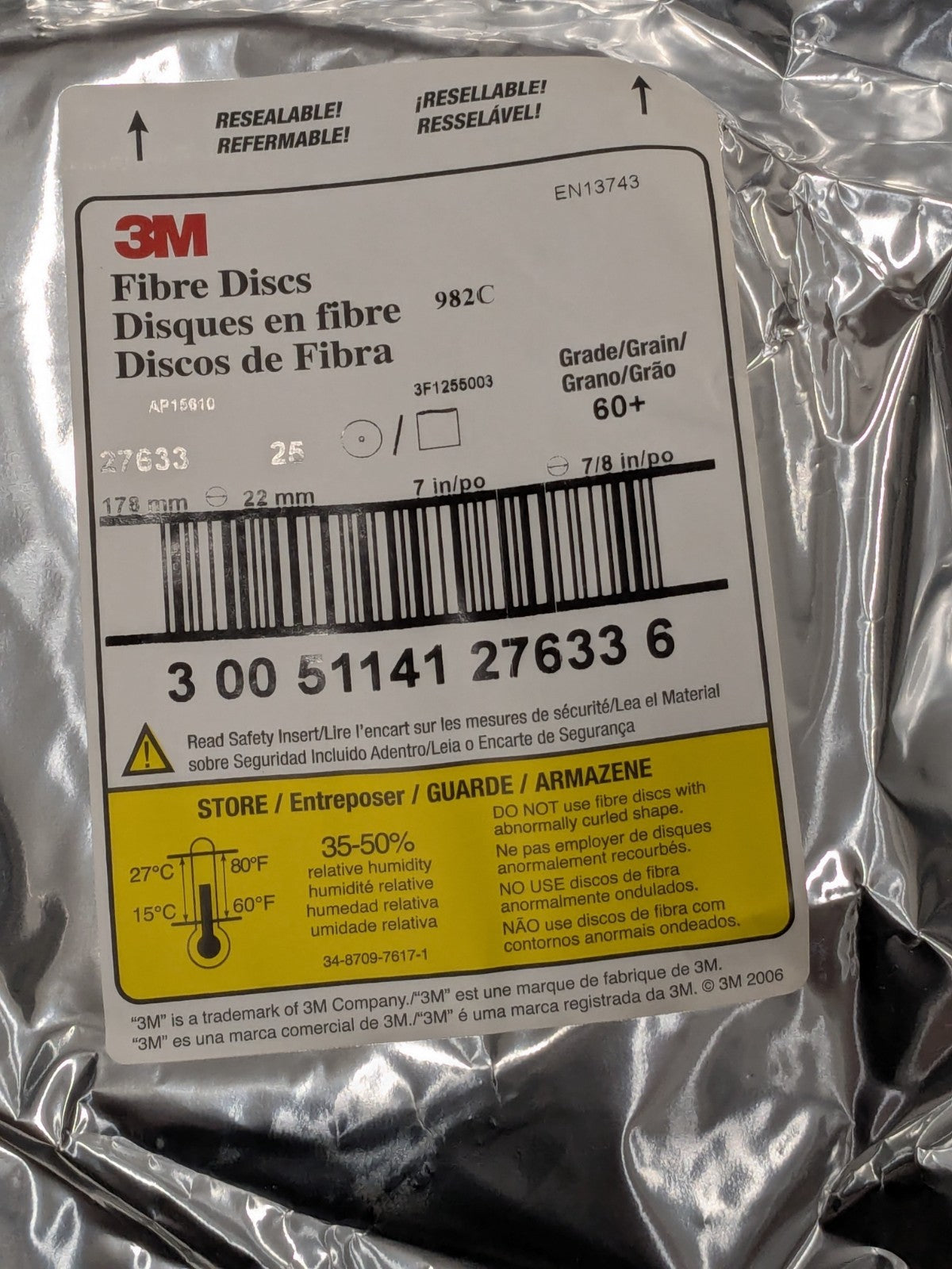3M Fiber Disc: 7" Disc Dia, 7/8" Hole, Arbor Hole, 60G Qty 25 7000028198