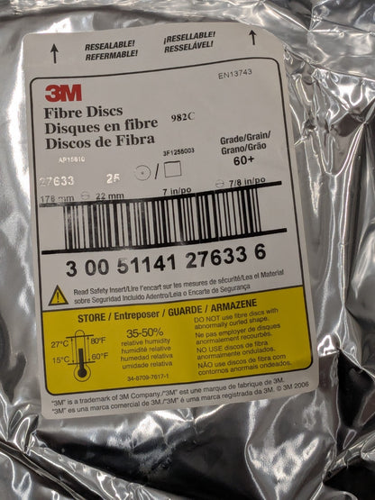 3M Fiber Disc: 7" Disc Dia, 7/8" Hole, Arbor Hole, 60G Qty 25 7000028198