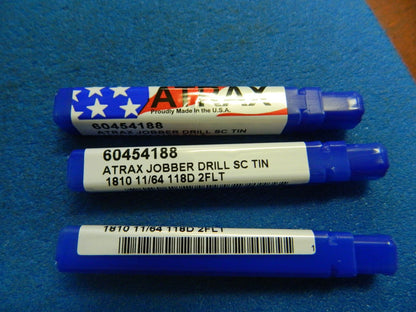 Atrax Jobber Drill 11/64" 118° 2FL Solid Carbide TiN Qty. 3 USA #60454188