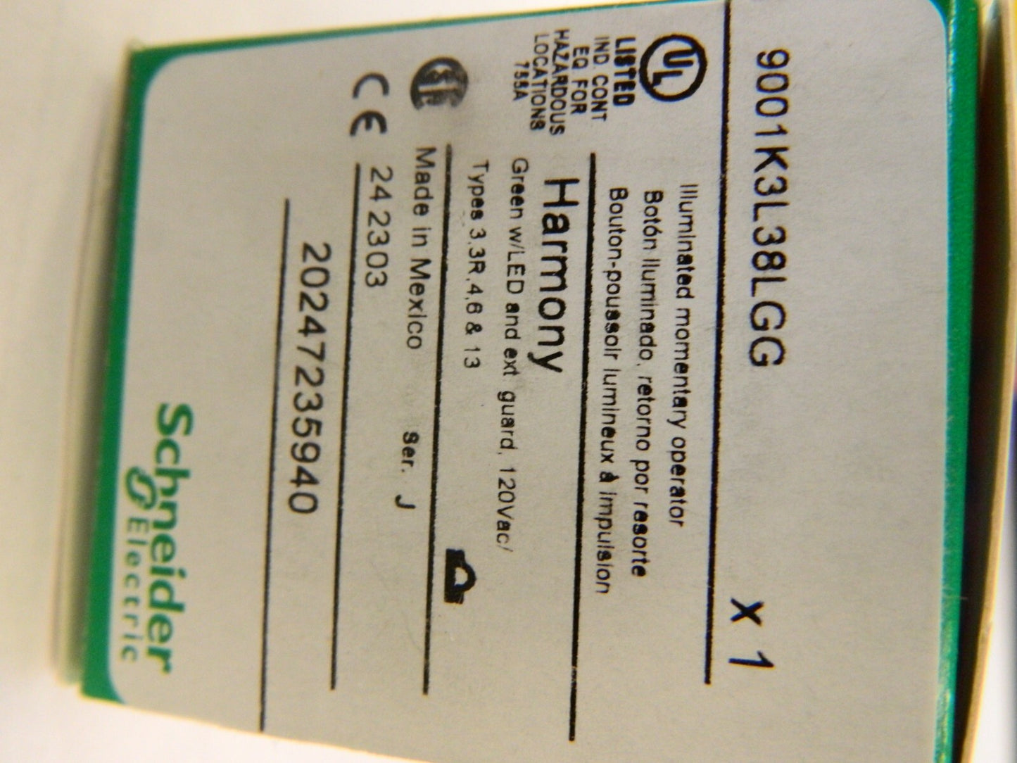 SCHNEIDER ELECTRIC Push-Button Switch: 30 mm Mounting Hole Dia 9001K3L38LGG