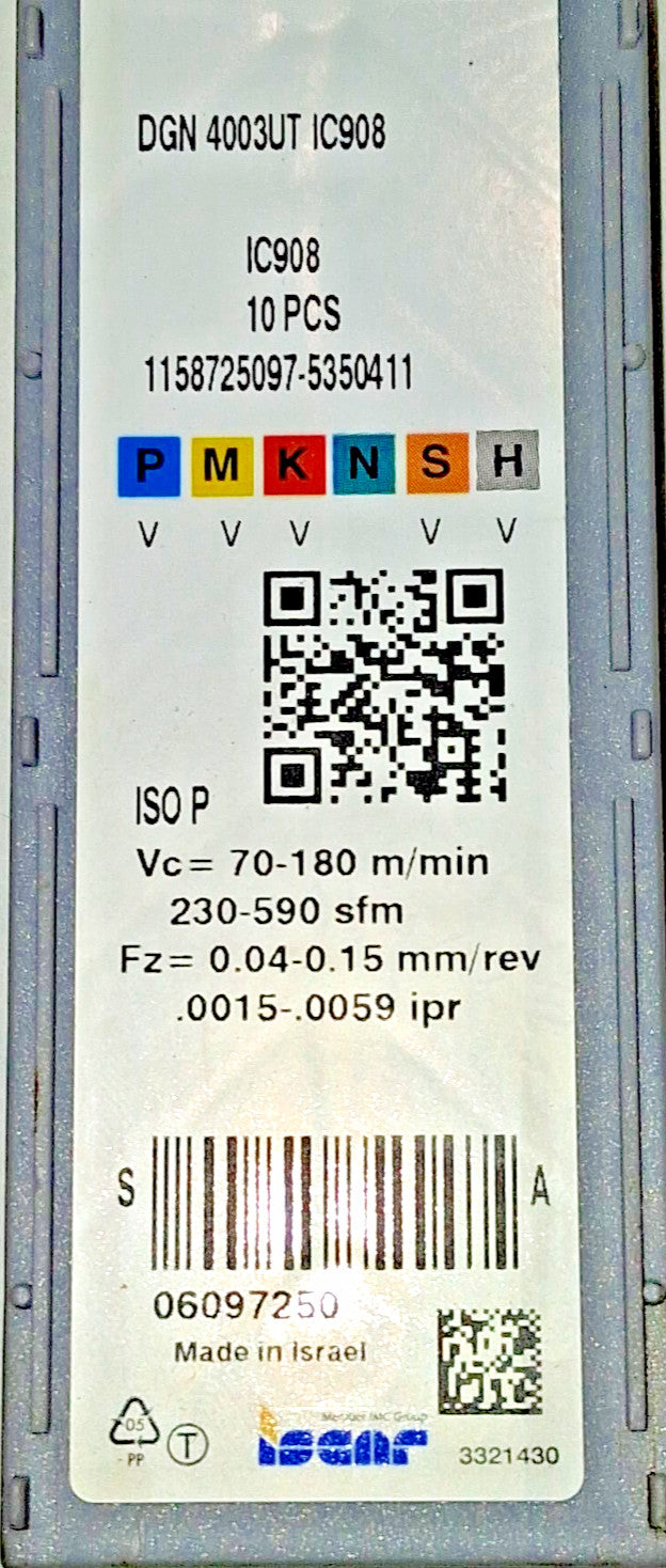 Iscar Cutoff Insert DGN 4003UT IC908 Carbide 10 Qty 6097250
