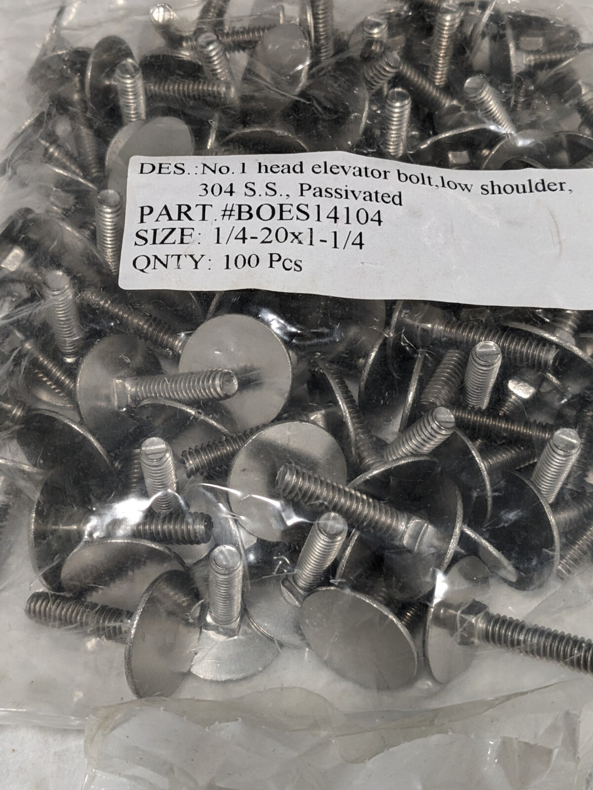 1/4-20, 1-1/4" OAL, 31/32" Head Diam, SS Elevator Bolt Qty 100 BOES14104wHex