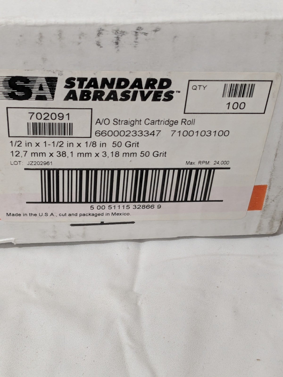 SA Straight Cartridge Roll: 1/2" Dia, 50 Grit, Aluminum Oxide Qty 100 7100103100