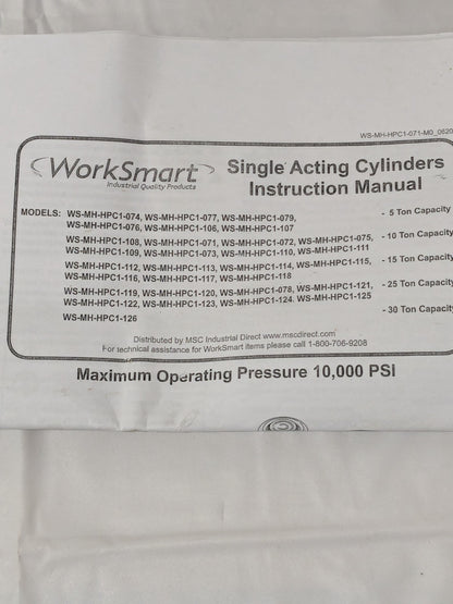 WorkSmart Portable Hydraulic Cylinder: Single Acting, 5.25 cu PS-MH-HPC1-119