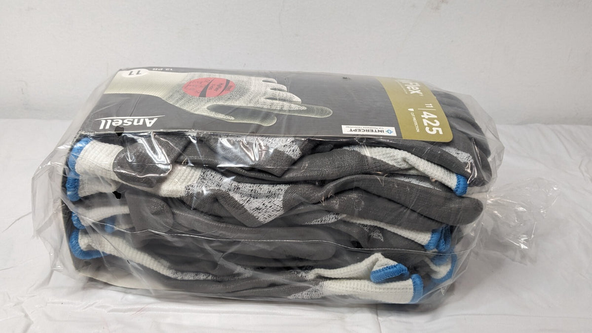 12 PAIRS Ansell HyFlex Abrasion-Resistant Gloves Gray/White Size 11 11-425-11