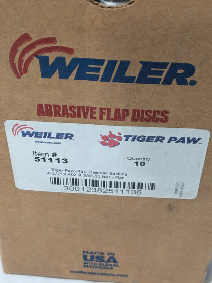 Weiler Flap Disc: 4-1/2" Dia, Zirconia Alumina, Type 27 Qty 10 51113