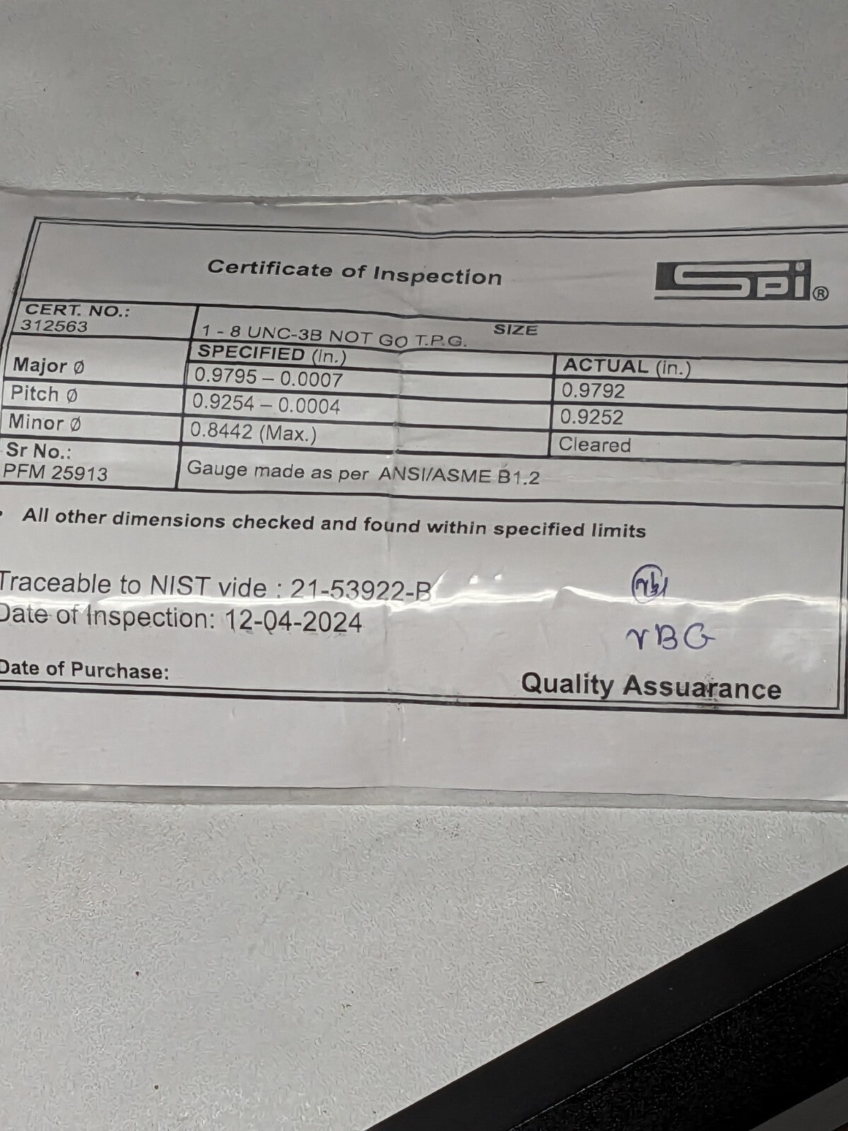 SPI Plug Thread Gage: #1-8 Thread, 3B Class, Go & No Go 34-430-9