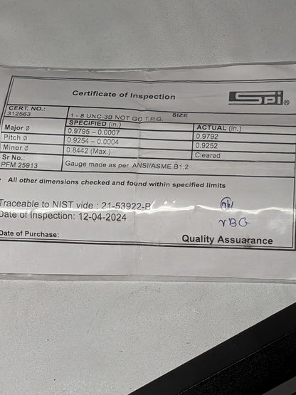 SPI Plug Thread Gage: #1-8 Thread, 3B Class, Go & No Go 34-430-9