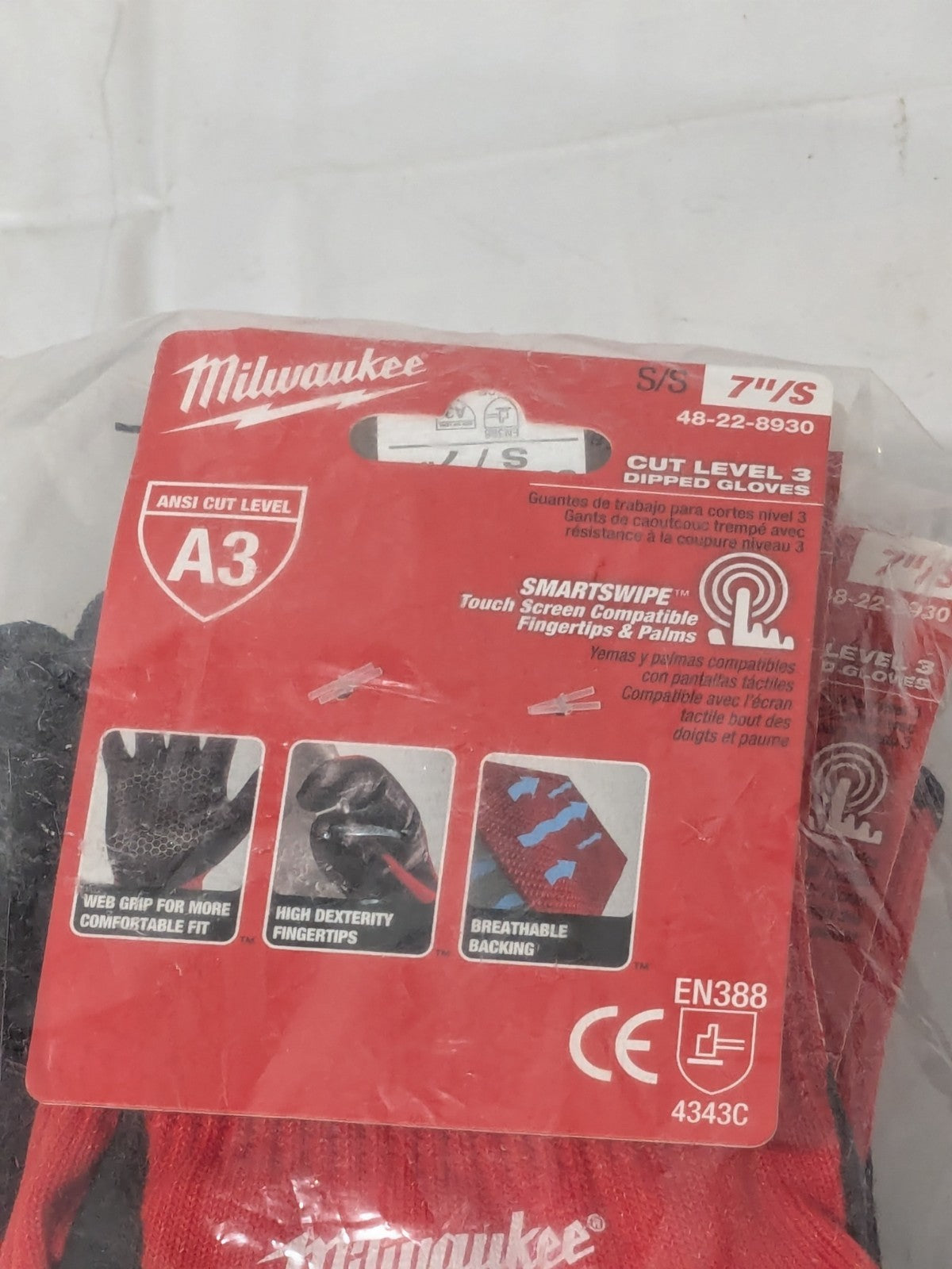 Milwaukee Cut-Resistant Glove Cut A3, Puncture 0, Sz S 6 Pairs 48-22-8930