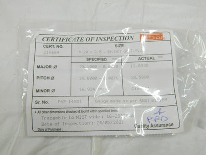 SPI Plug Thread Gage: M20x2.5 Thread, 6H Class, Single End, No Go 37-164-1