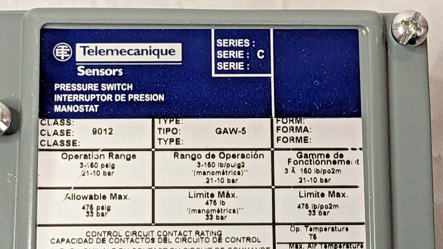 Telemecanique Sensors Pressure Switch 3-150 psi 1/4 NPTF 9012GAW5