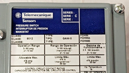Telemecanique Sensors Pressure Switch 3-150 psi 1/4 NPTF 9012GAW5