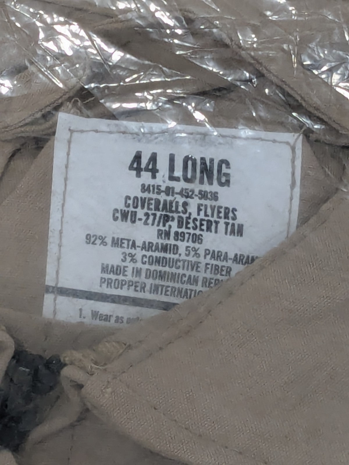 PROPPER Flight Suit Sz 44 Long, Tan, Zipper Closure, 6 Pocket F51154622144L