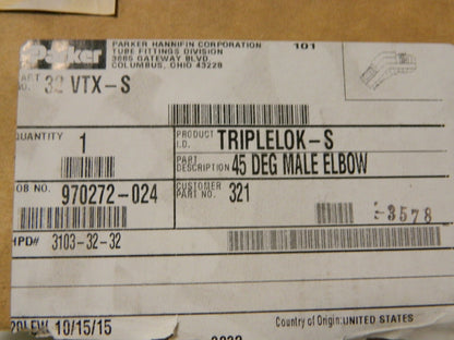 Parker 2" Tube OD x 2" NPTF 37° Steel Flared Tube Male 45° Elbow 32 VT