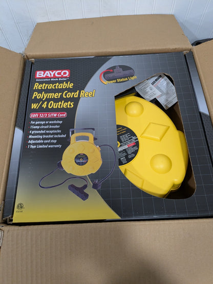 Bayco Cord & Cable Reel: 12 AWG, 50' Long, Outlet End 4 Outlet SL-8904