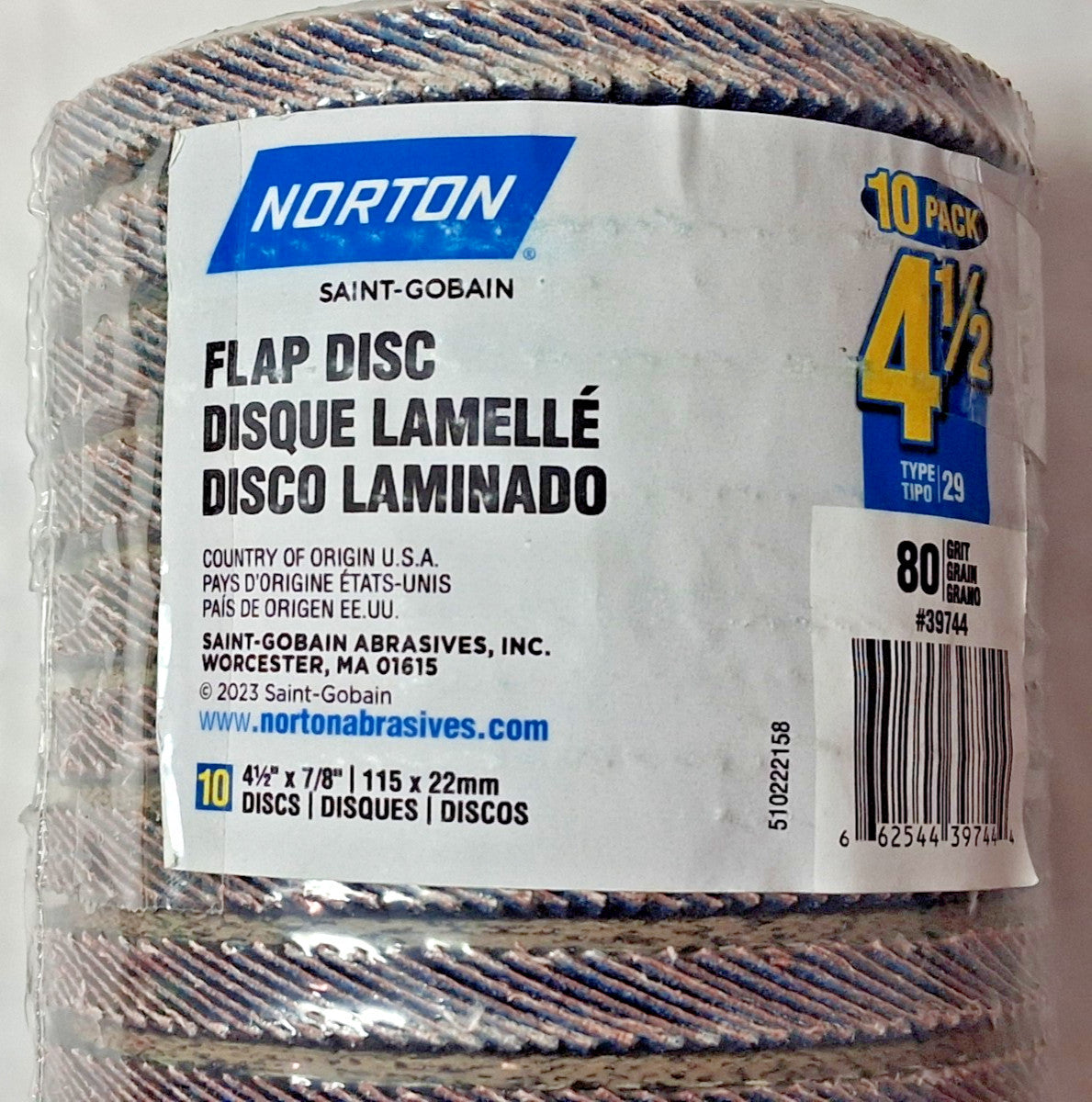 Norton Abrasive Zirconia Flap Discs 4-1/2" x 7/8" Type 29 80 Grit QTY10 39744