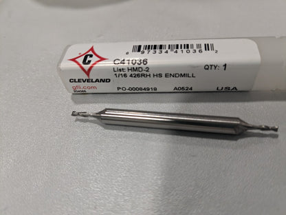 CLEVELAND Square End Mill: 1/16" Dia 2 Fl HSS C41036