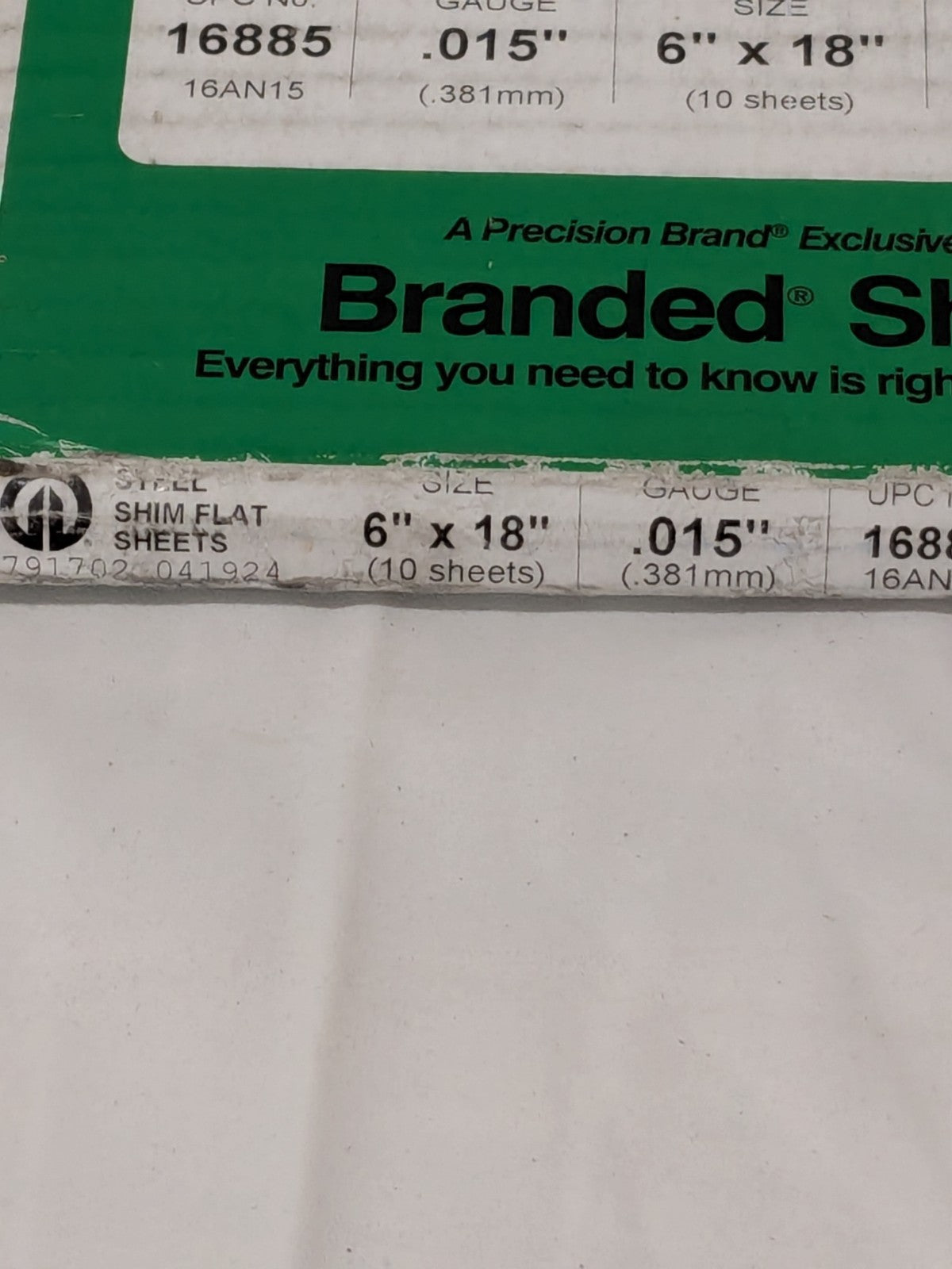 PRECISION BRAND Shim Stock: 0.015'' Thick, 18'' L, 6" W, 1008/1010 Qty 10 16885